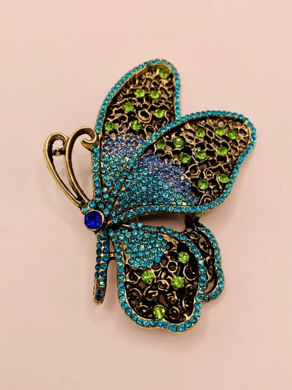 Butterfly Brooch Pin Blue & Green Rhinestones Antique Gold-Tone Metal -60B